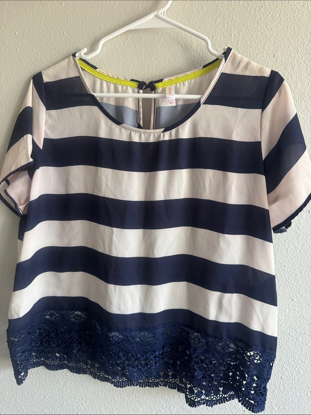Striped Navy and White Crochet-Hem Women's Top